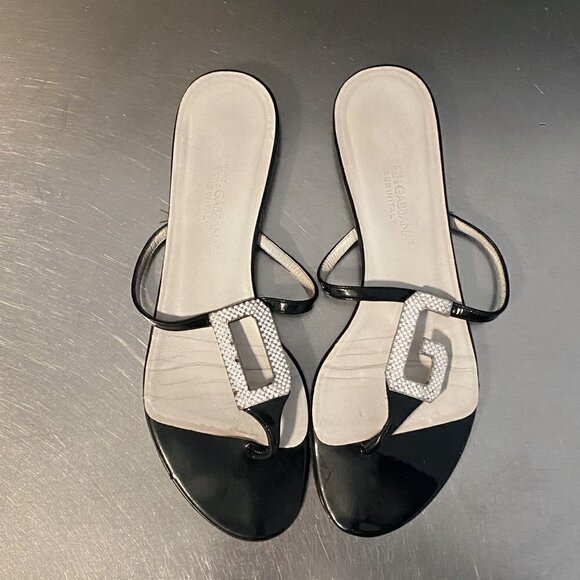 Dolce Gabbana Rhinestone Logo Flat Sandals Black 7 - Picture 1 of 8